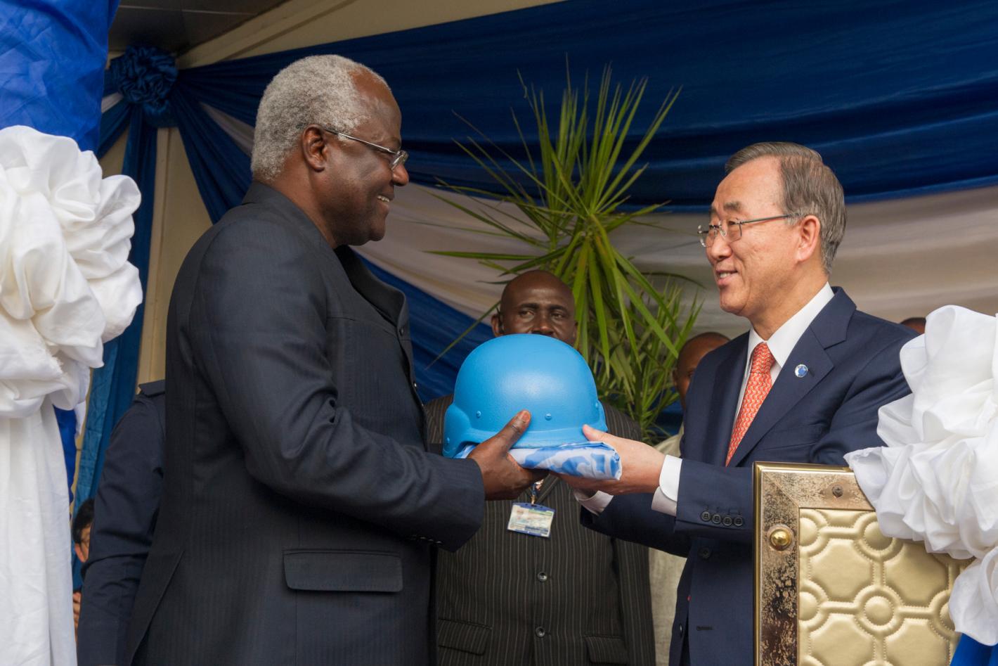Secretary-General Ban Ki-moon (right) with with Ernest Bai Koroma, President of the Republic of Sierra Leone, at the ceremony marking the closure of the UN Integrated Peace Building Mission in Sierra Leone (UNIPSIL), and the transfer of its responsibilities to the UN country team.