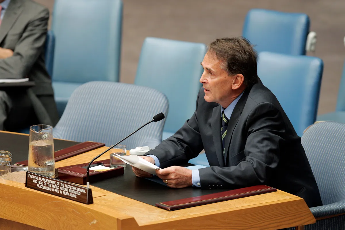 Michael von der Schulenburg, Executive Representative of the Secretary-General for the United Nations Integrated Peacebuilding Office in Sierra Leone (UNIPSIL), briefs the Security Council on the situation in that country.