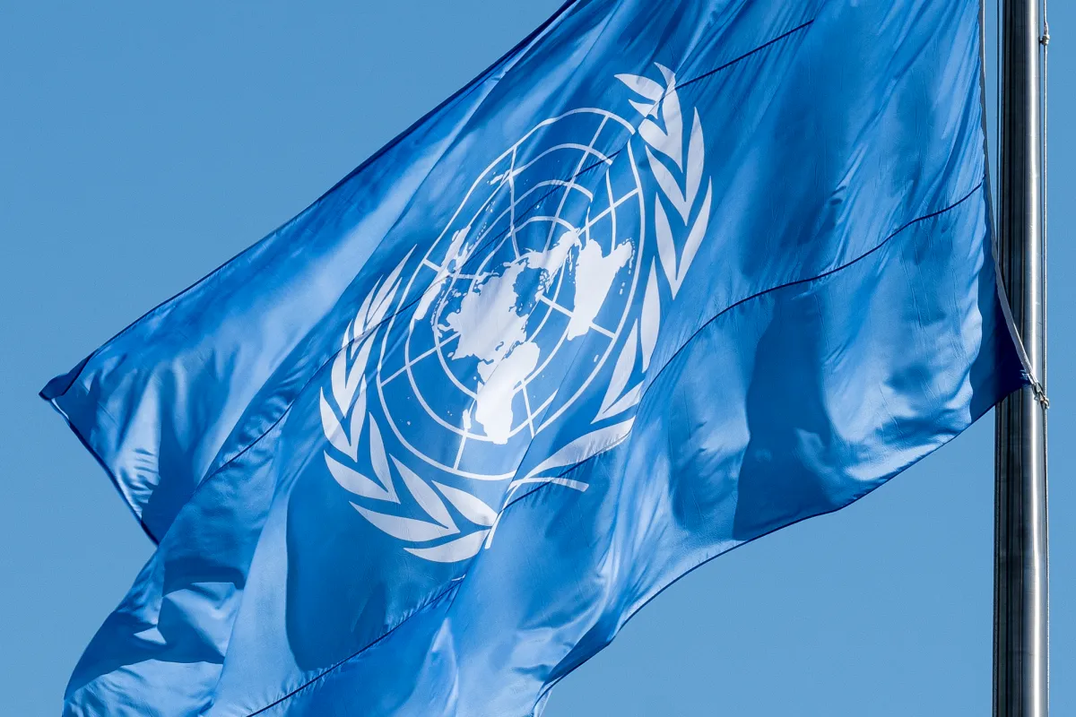 A view of the United Nations flag outside the General Assembly Hall.